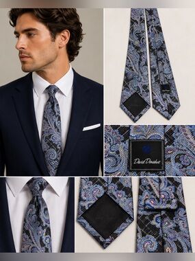 David Donahue 100% Silk Tie Blue Purple Paisley Handmade USA Luxury Men’s Tie